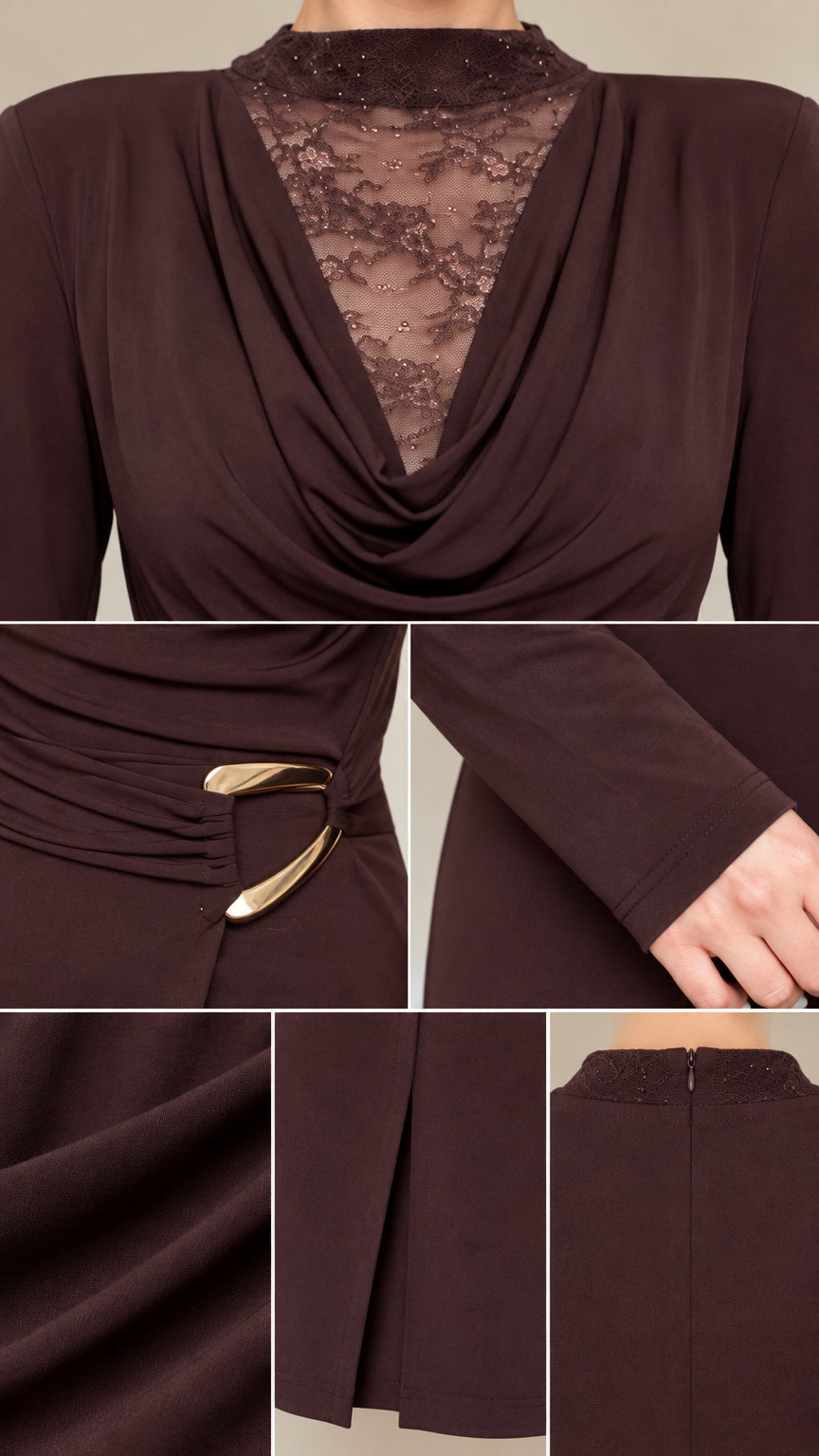 Close-up details of cowl neckline, lace insert, metallic waist buckle, and fabric texture