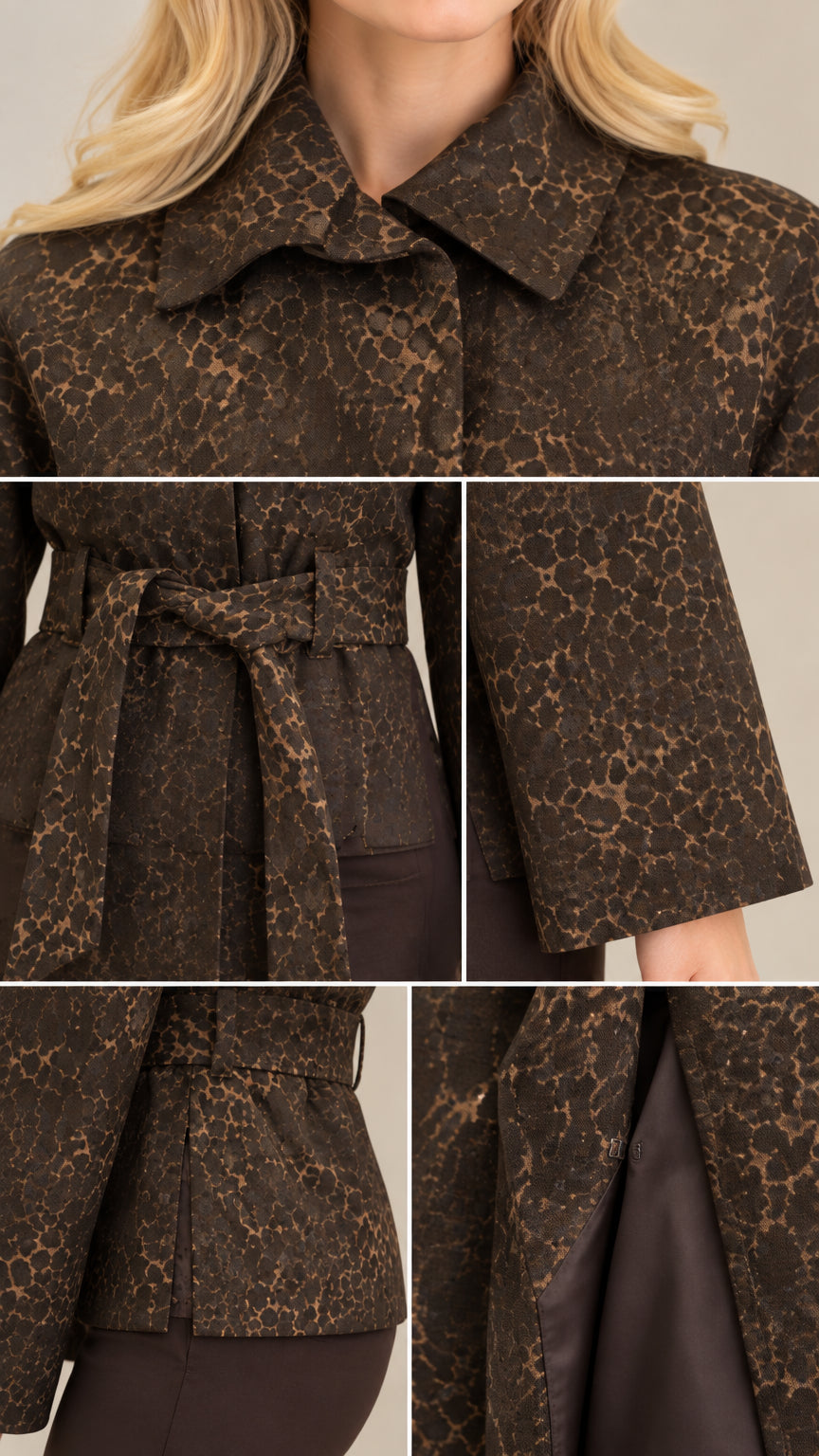 Close-up detail collage showing collar, fabric texture, tie belt, cuff, and interior lining