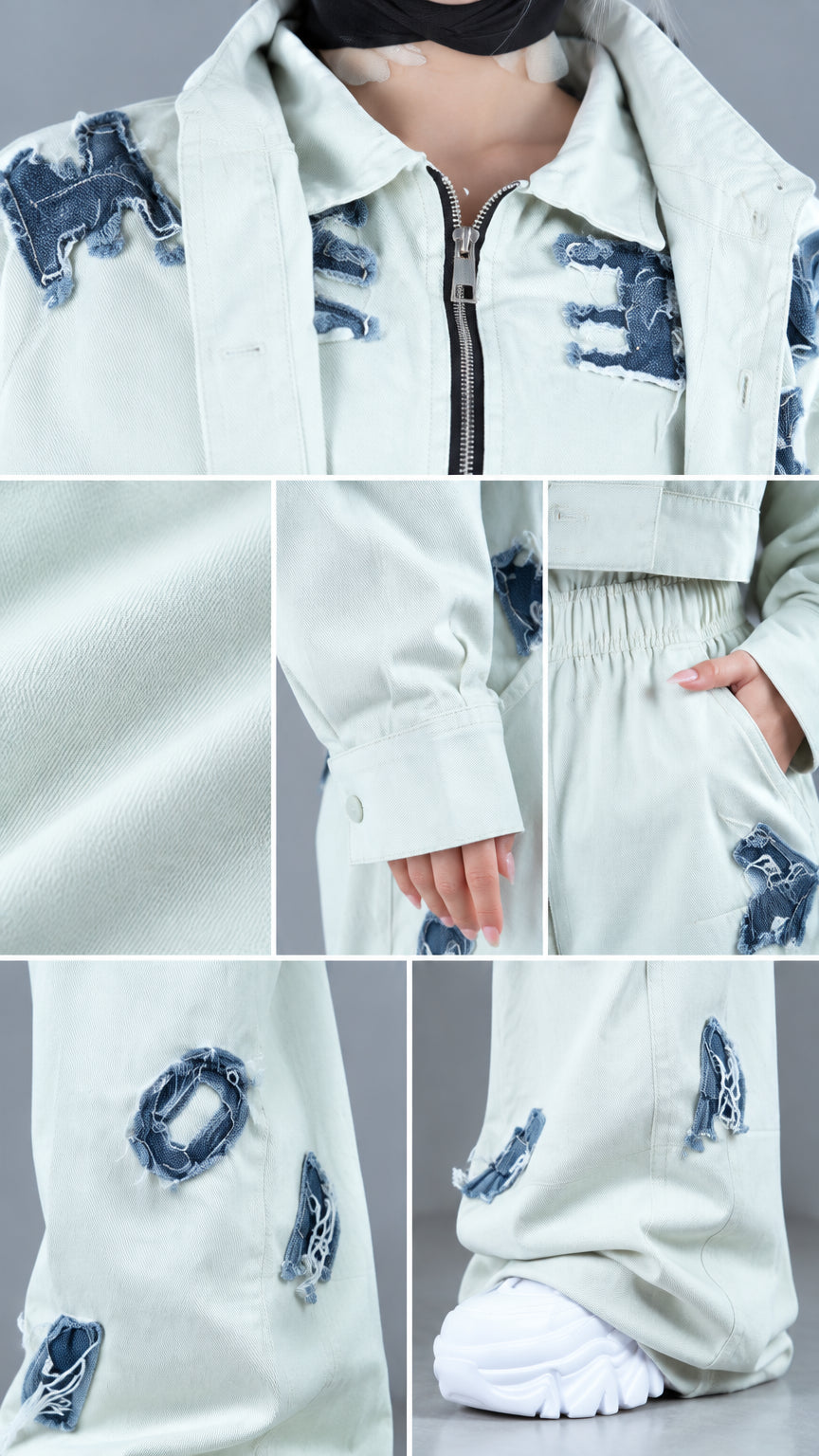Detailed close-up shots of zipper, distressed raw-edge patch appliques, cuffs, and hem