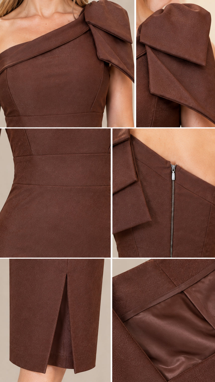 Close-up details of chocolate brown fabric, bow neckline, zipper, lining, and slit
