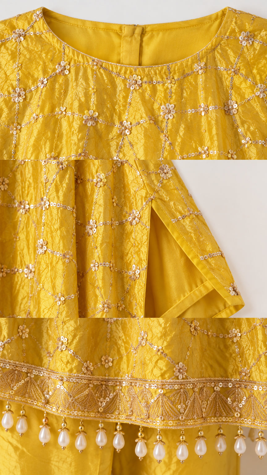 Close-up detail of sequin embroidery, neckline, and beaded fringe trim on mustard yellow tunic