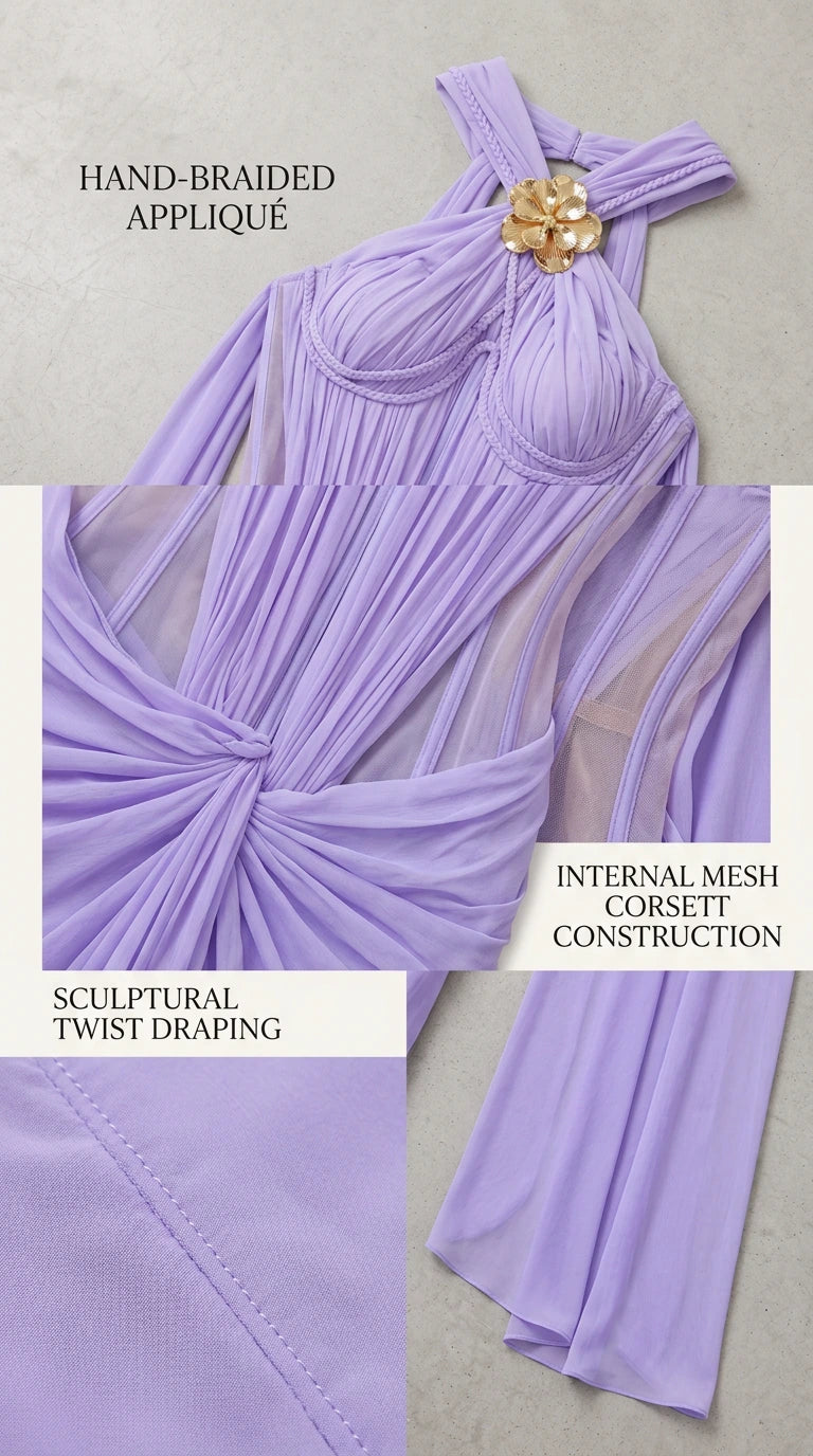 Close-up detail panel showing hand-braided appliqué, gold floral brooch, internal mesh corset construction, and sculptural twist draping