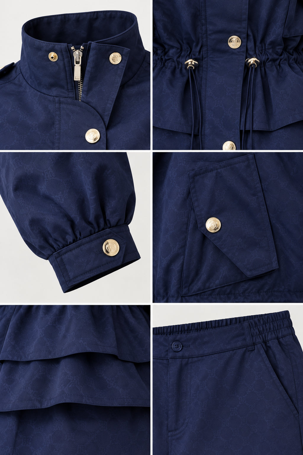 Detailed close-up shots of stand collar, drawstring waist, button cuffs, and peplum hem
