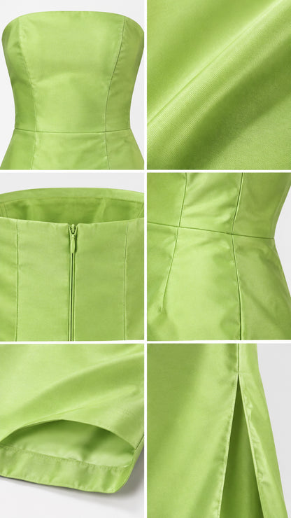 Close-up details of lime green satin fabric, bodice stitching, and back zipper