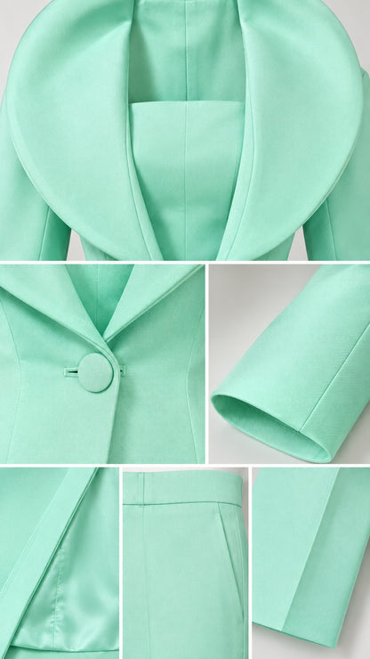 Detailed close-up collage of collar, button, sleeve cuff, and trouser hem in Mint Green