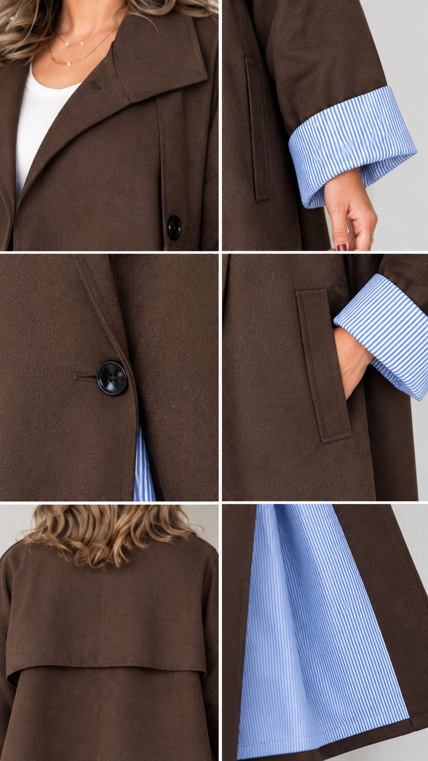 Close-up details of lapel collar, button, welt pocket, and striped lining accents