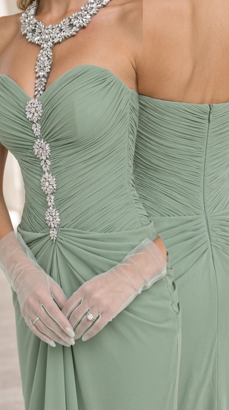 Close-up detail of crystal-embellished halter collar and pleated bodice