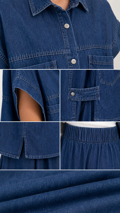 Close-up details of denim fabric, chest pocket, button placket, and elastic waistband