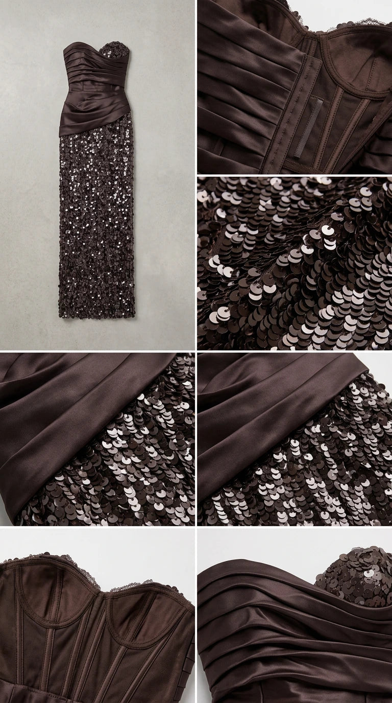Detailed flat lay and close-ups of bodice boning and sequin embellishments