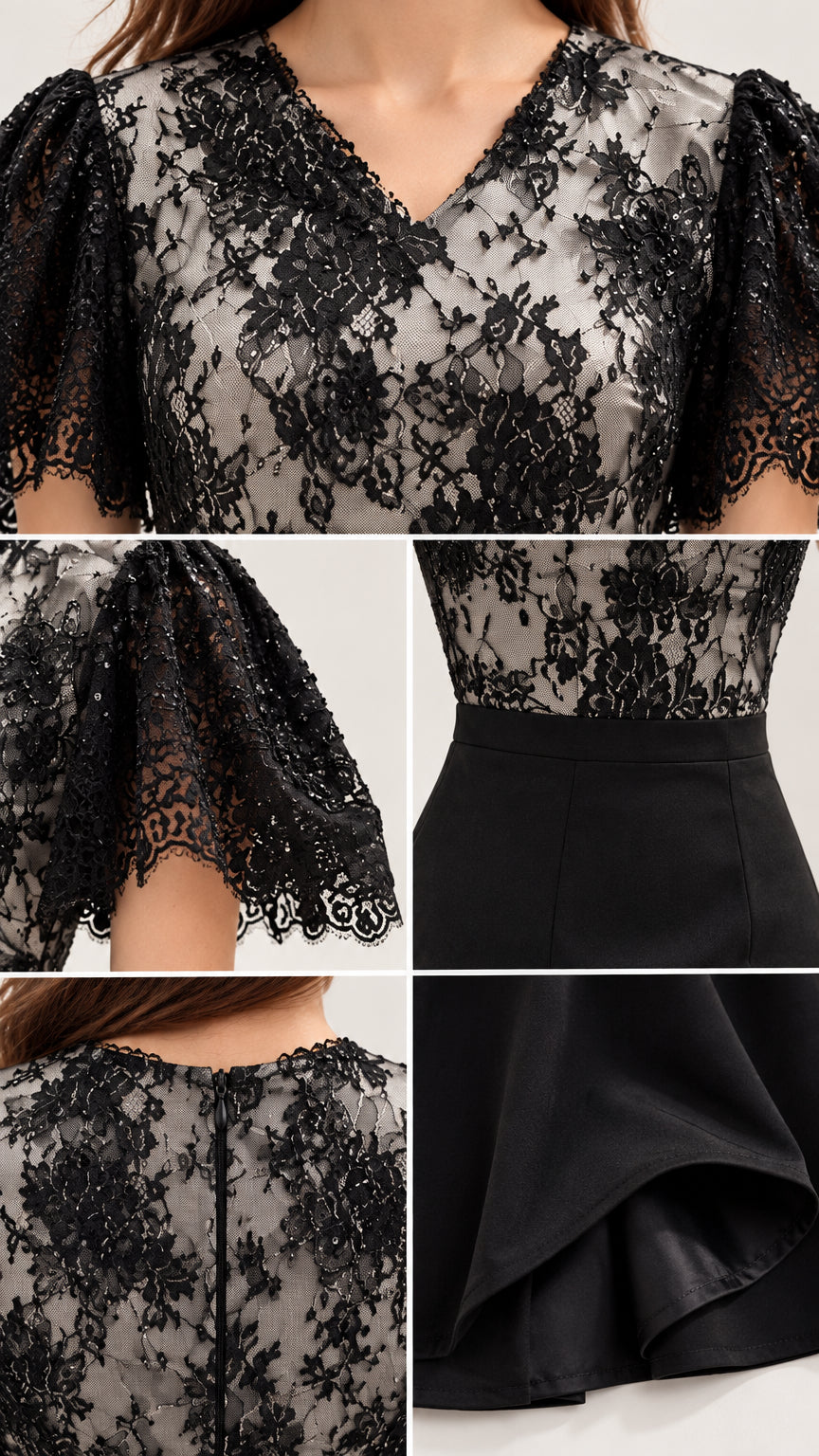 Close-up details of floral lace V-neck bodice, flutter sleeves, and hemline