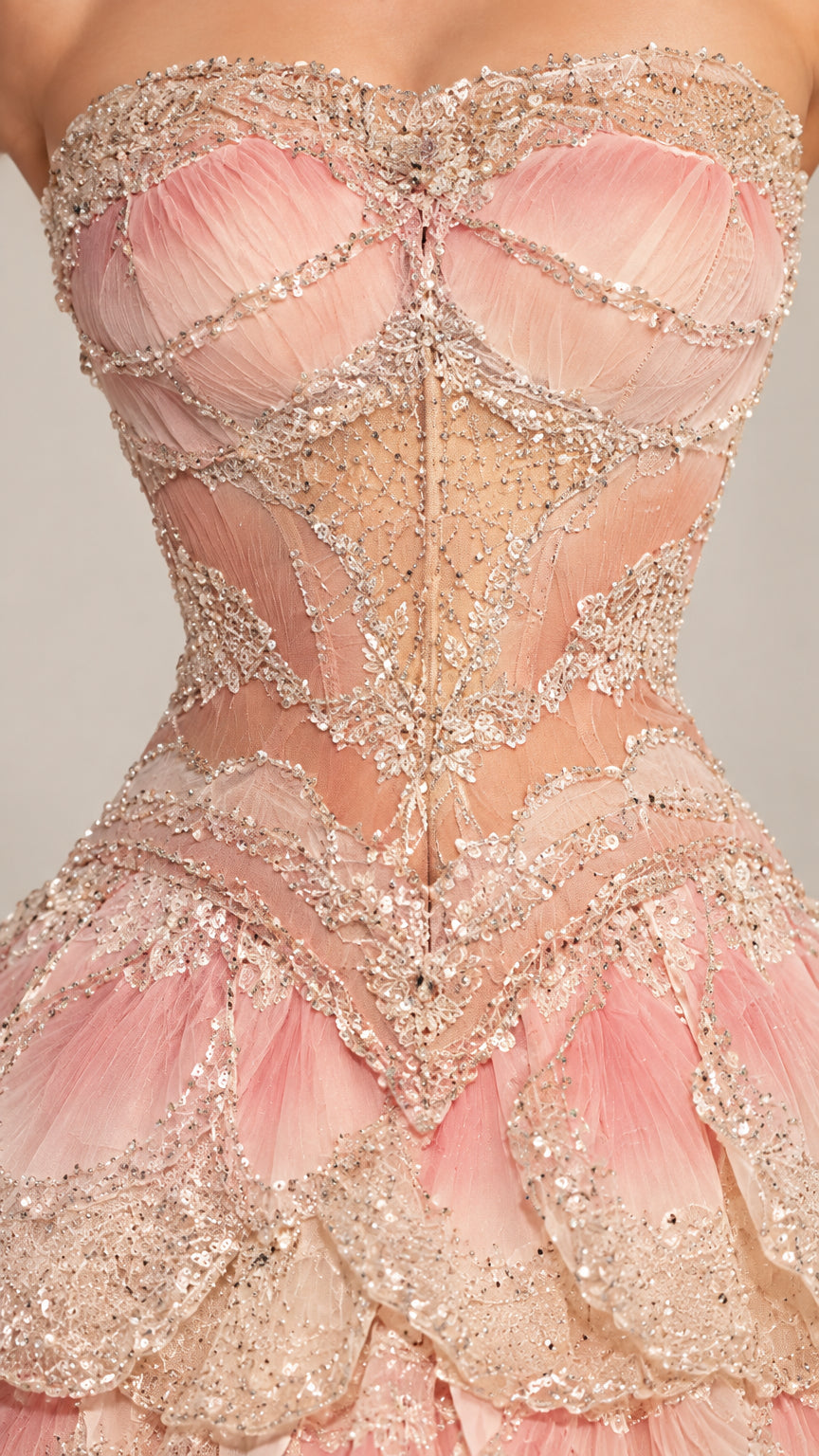 Close-up detail of embellished corset bodice with delicate beading and sequins