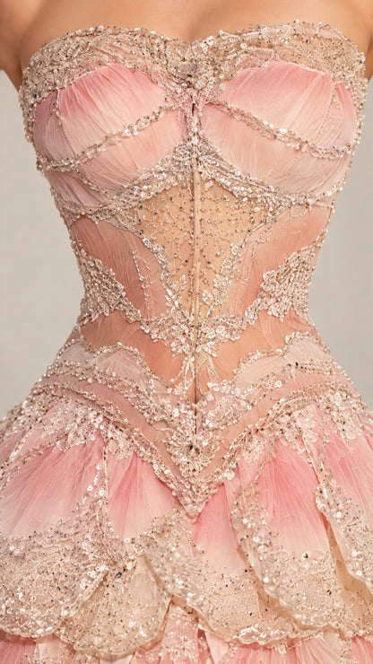 Close-up detail of embellished corset bodice with delicate beading and sequins