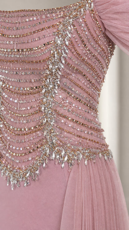 Close-up detail of intricate crystal beadwork on the corset bodice