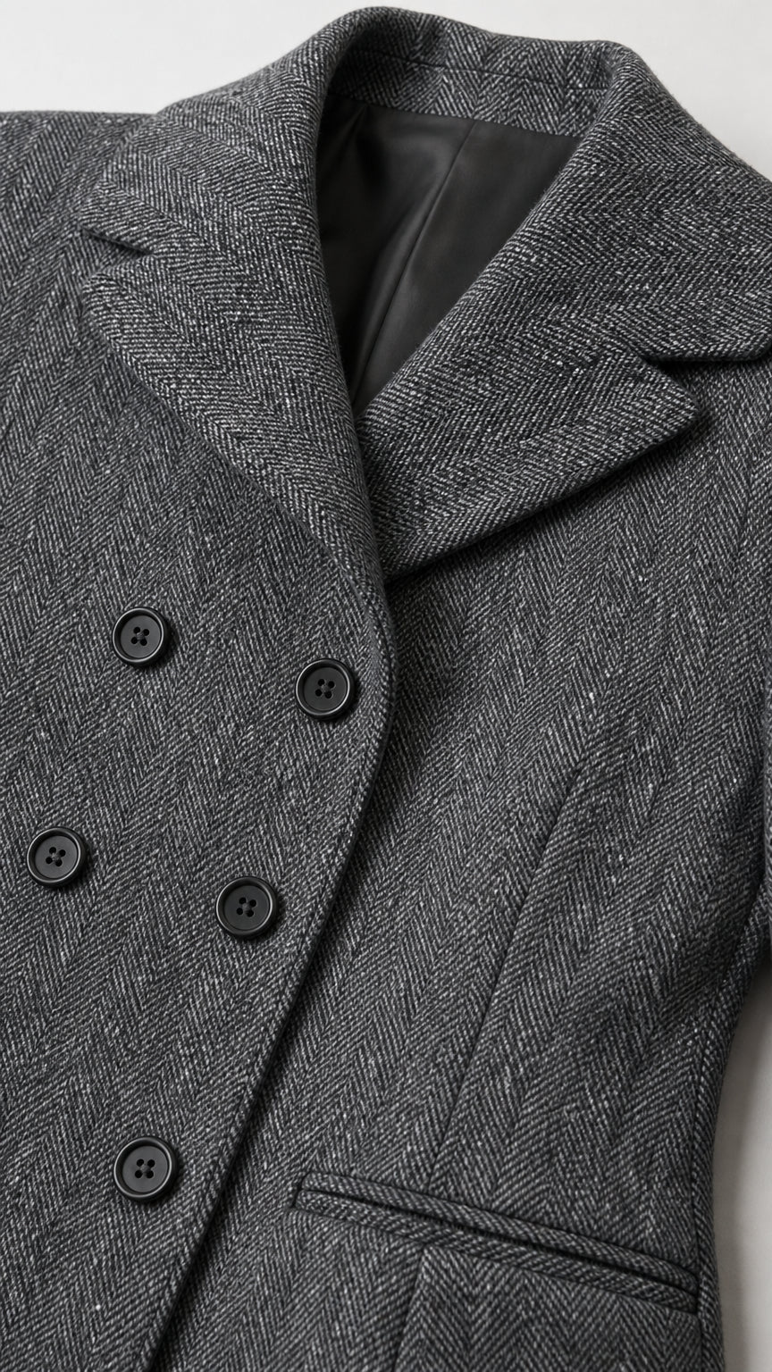 Close-up detail of textured Heather Grey herringbone tweed fabric, buttons, and lapel
