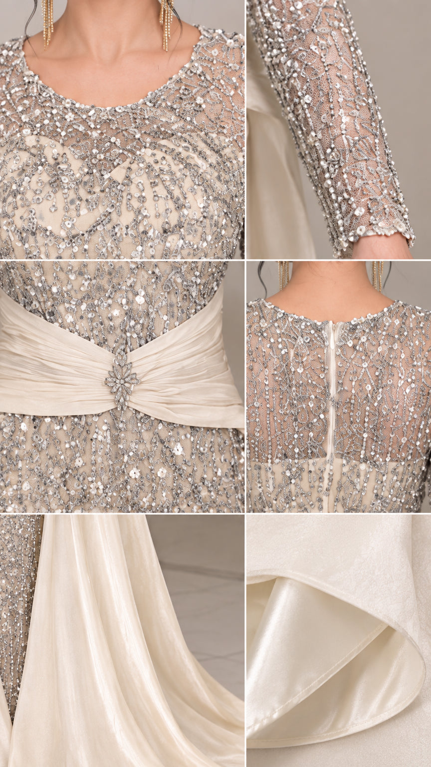 Close-up details of sequin embroidery, beaded sleeves, crystal waist brooch, and hemline
