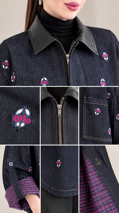 Close-up details of collar, floral embroidery, zipper closure, pockets, and plaid sleeve lining