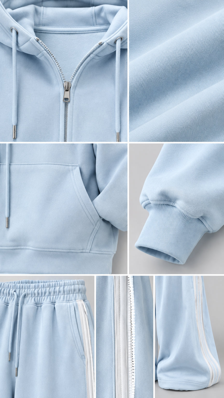 Close-up details of Light Blue tracksuit showing zipper, fabric texture, pocket, and side stripe