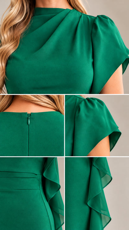 Close-up details of neckline drape, flutter sleeve, and side ruffle construction
