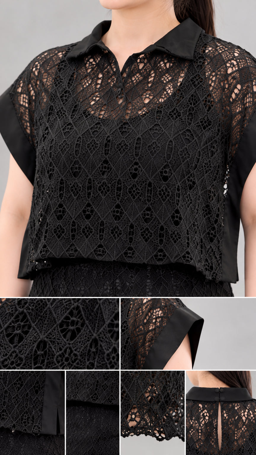 Detailed close-up of geometric lace texture, collared neckline, and trimmed cuffs on black top