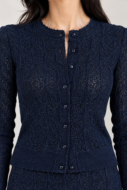 Close-up detail of navy blue knit button-down cardigan texture and neckline