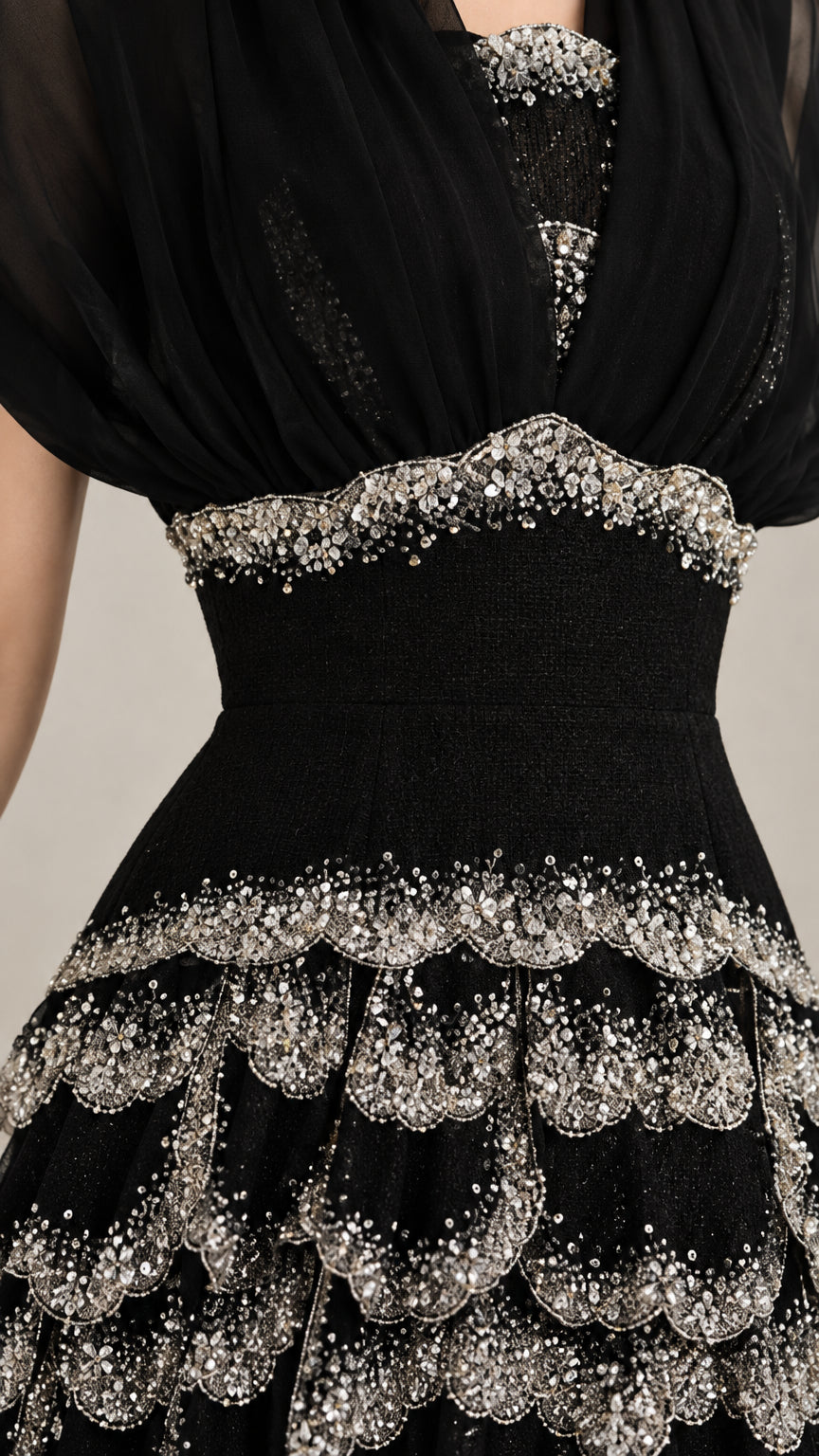 Close-up of beaded waist trim and scalloped sequin tiers on black gown