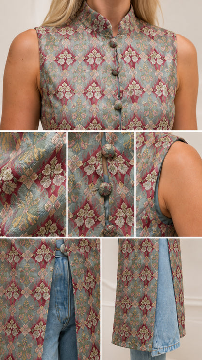 Close-up details of mandarin collar, fabric buttons, and woven jacquard texture