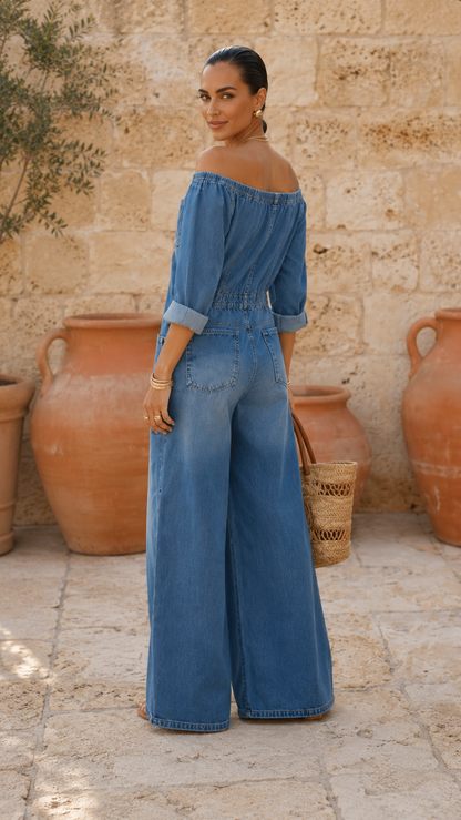 Blue off-shoulder jumpsuit back view with rolled sleeves and wide legs