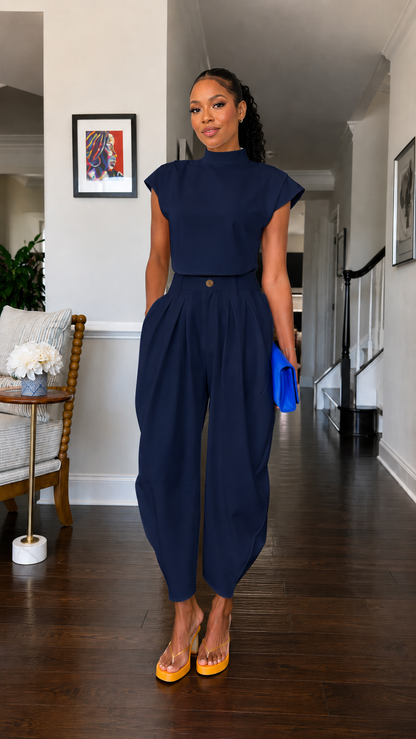 Front view of navy mock neck cap sleeve harem jumpsuit with defined waistband