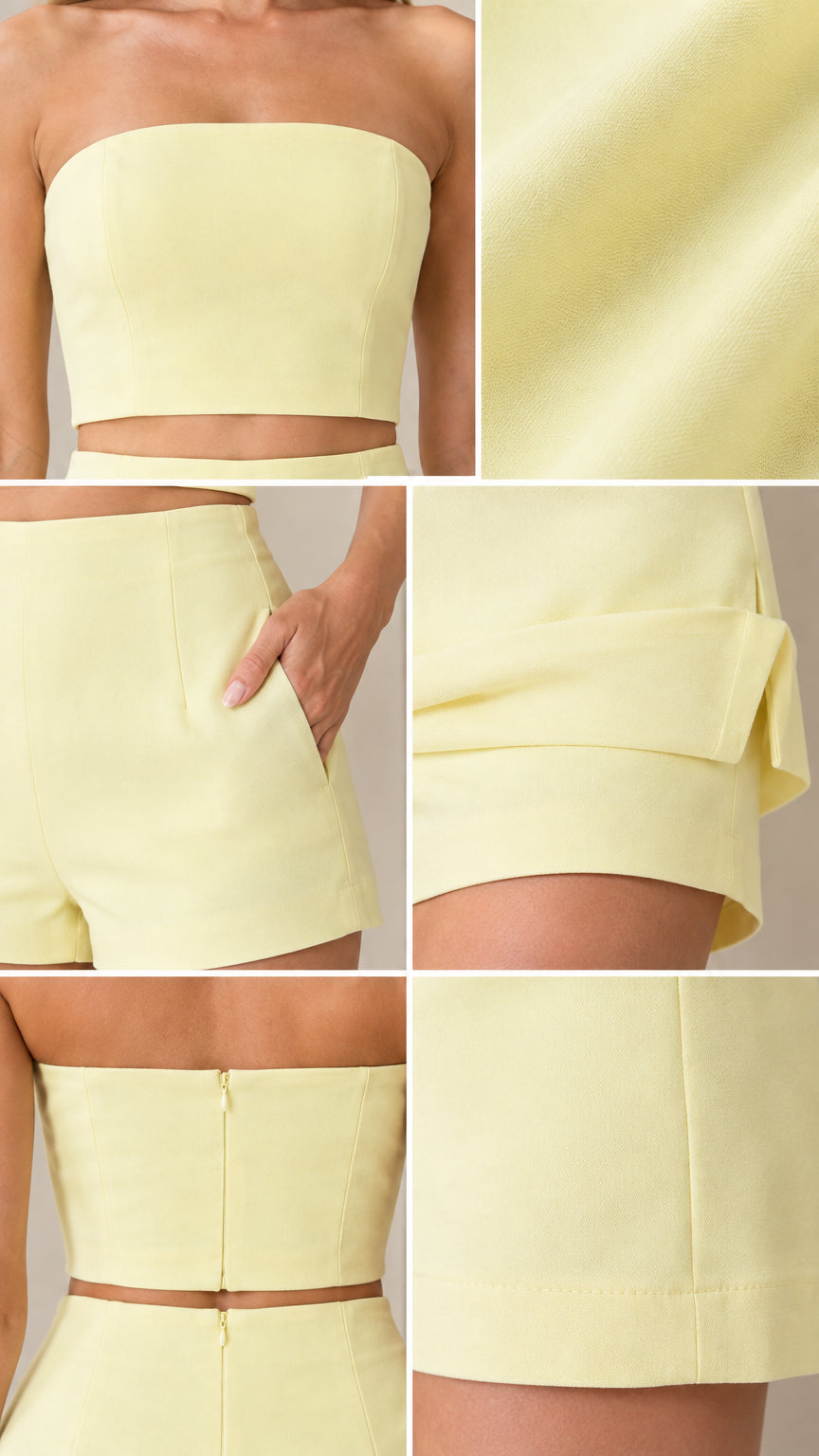 Detailed close-up shots of pale yellow crop top fabric, shorts pocket, and layered hem tailoring