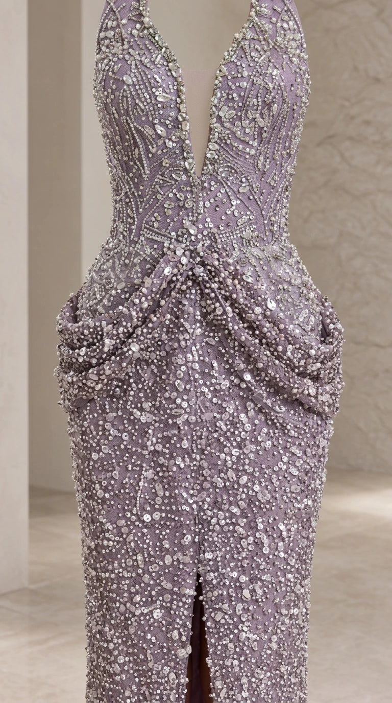 Close-up detail of embellished beaded texture and draped hip swag detail