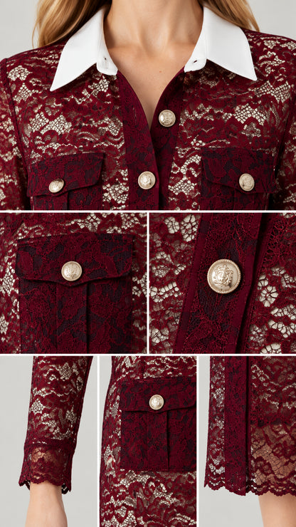 Close-up details of white collar, ornate gold buttons, and intricate lace pattern