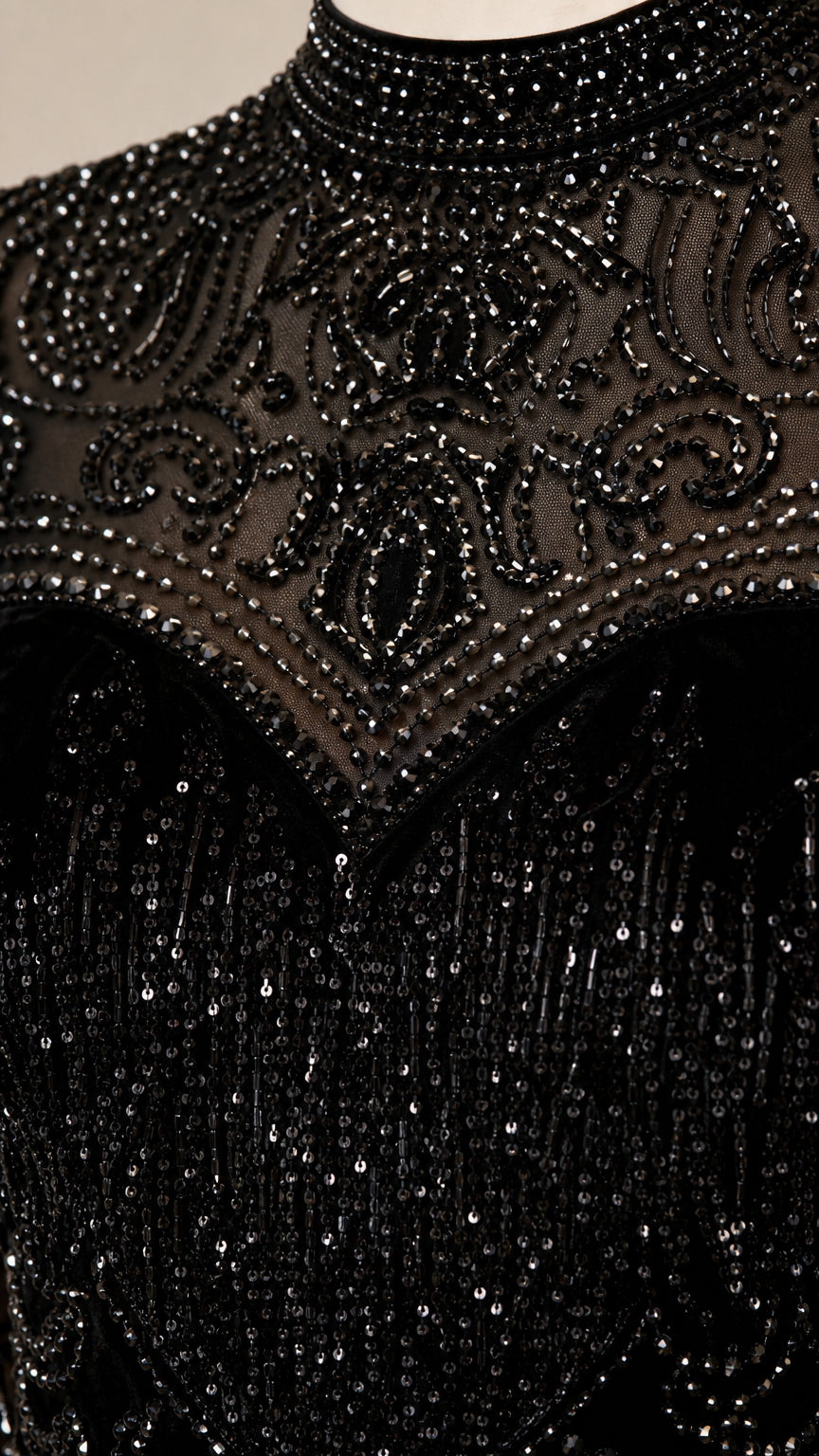Close-up detail of sheer illusion high neck with ornate beading and sequins