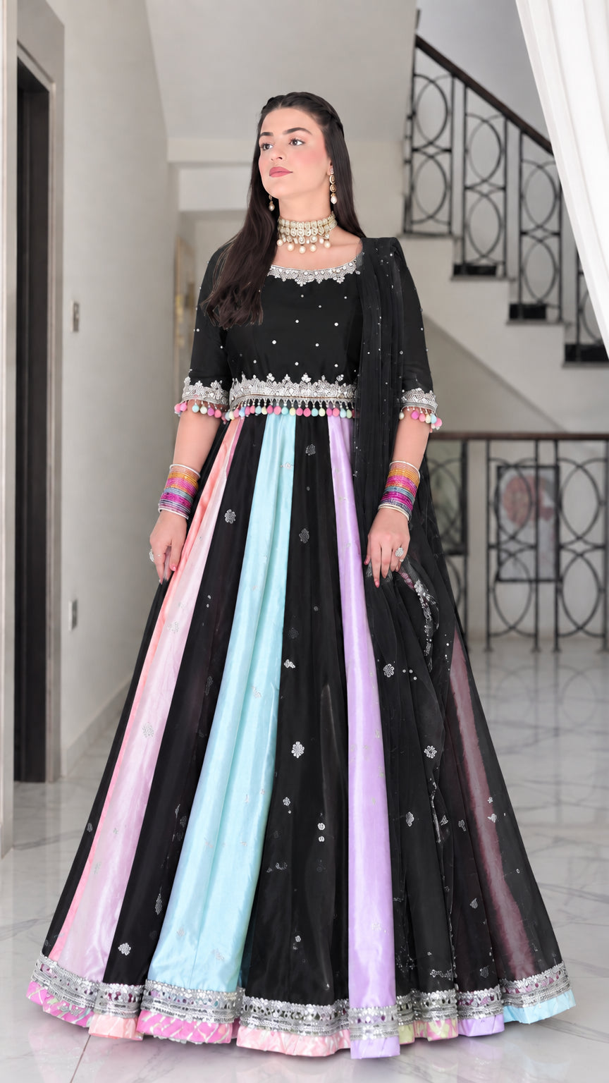 Women's black and multicolor paneled embellished festive Anarkali gown