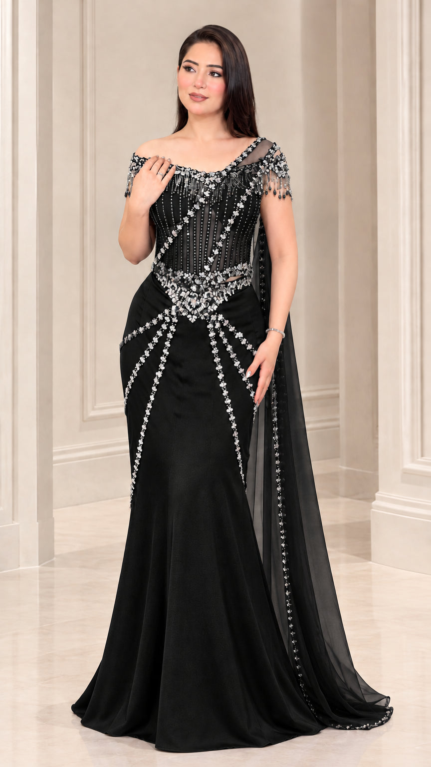 Full-length view of Black beaded off-the-shoulder mermaid formal gown