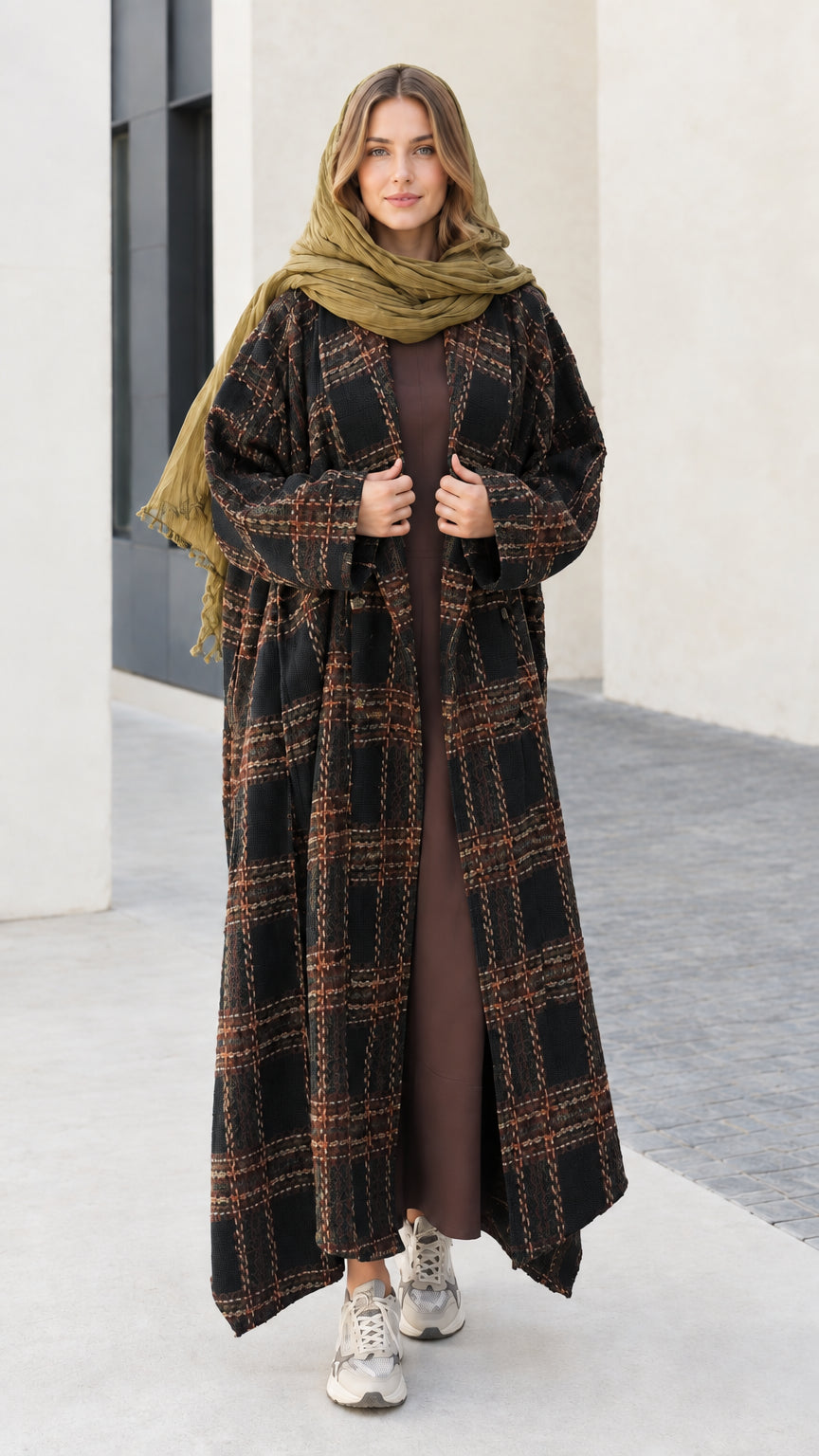 Full length view of black plaid open front maxi duster coat