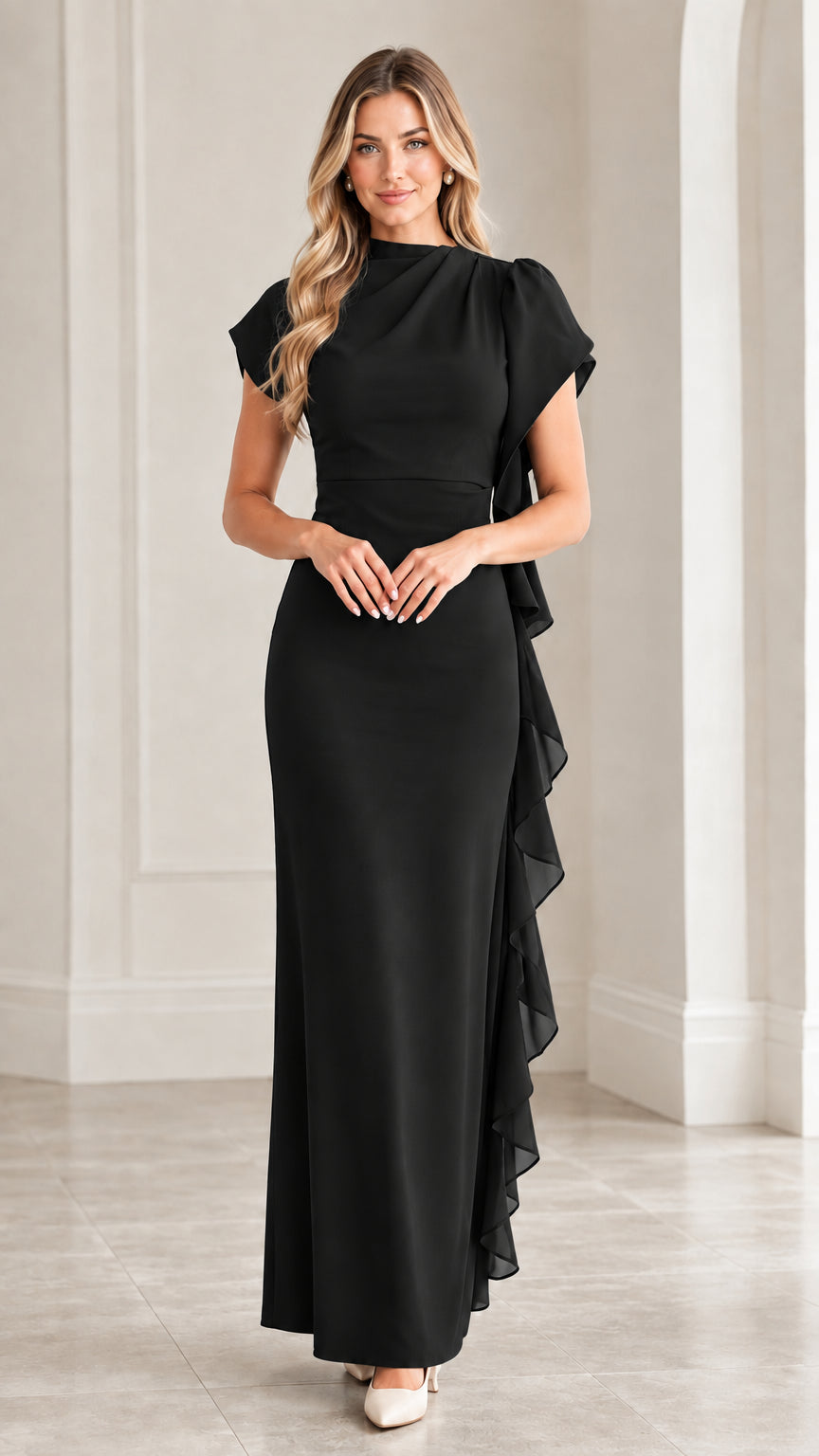 Front view of classic black draped high neck ruffle evening maxi dress