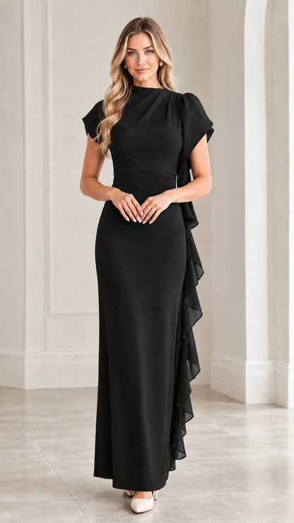 Front view of classic black draped high neck ruffle evening maxi dress
