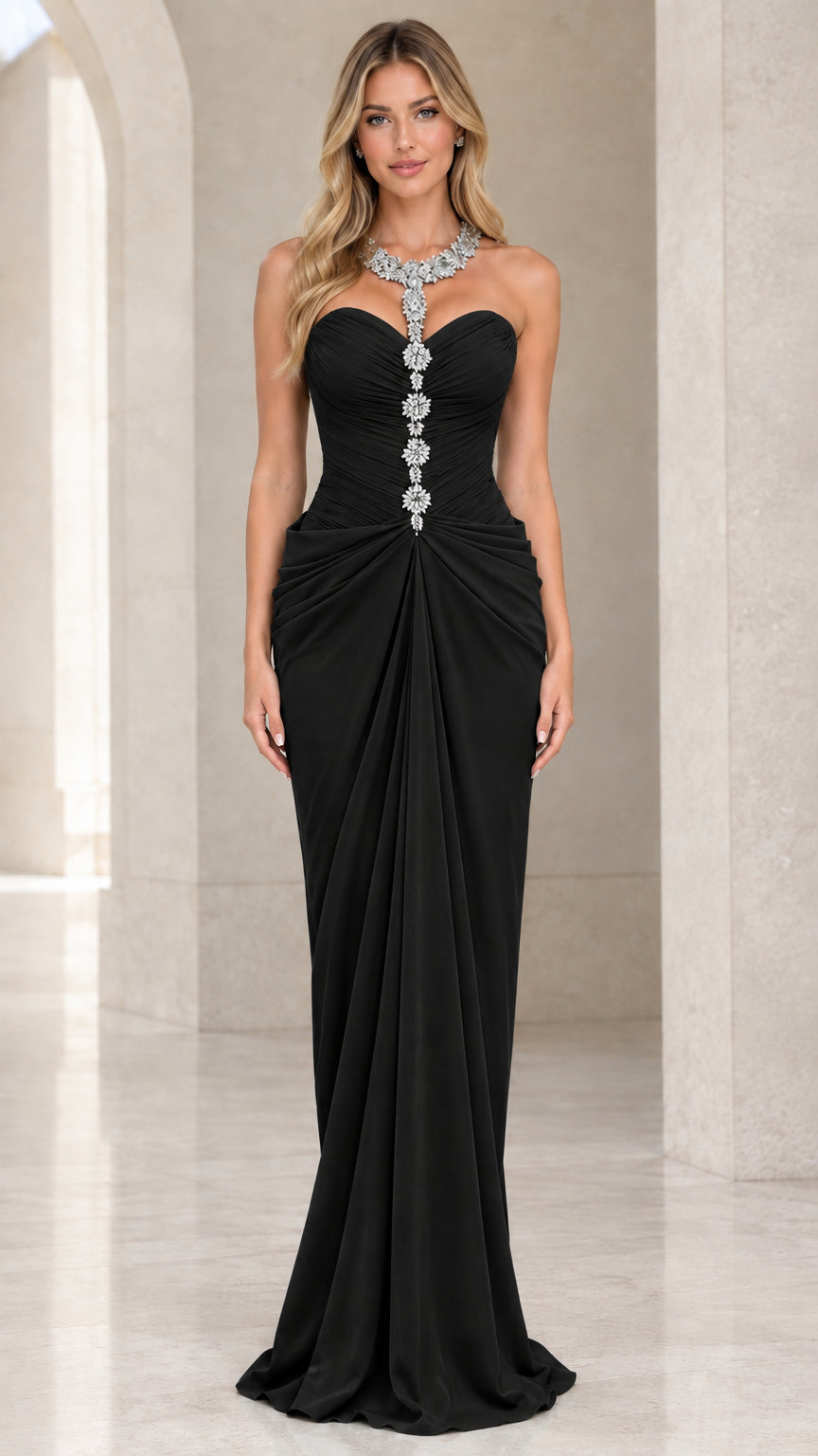 Full-length front view of the rhinestone embellished sweetheart evening gown in black