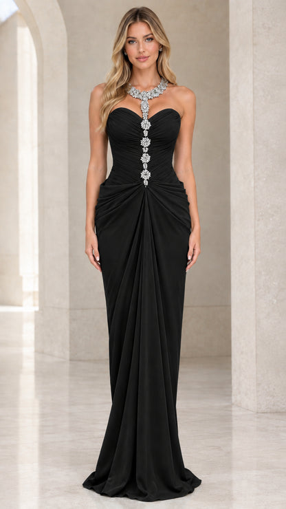 Full-length front view of the rhinestone embellished sweetheart evening gown in black
