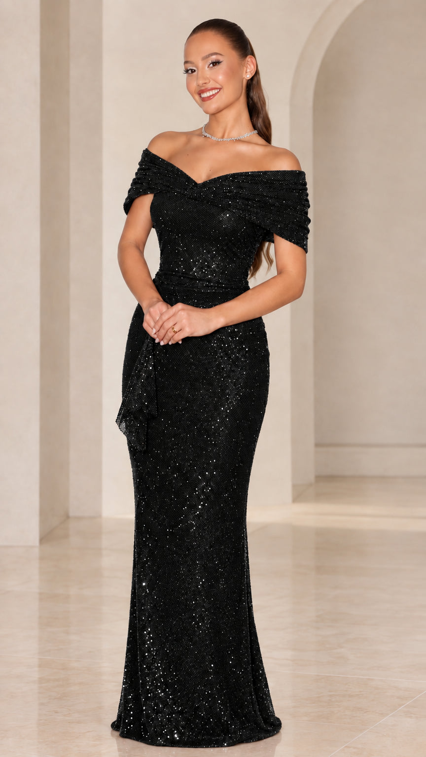 Model wearing elegant black off-the-shoulder sequin maxi evening gown
