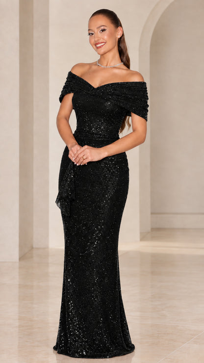 Model wearing elegant black off-the-shoulder sequin maxi evening gown