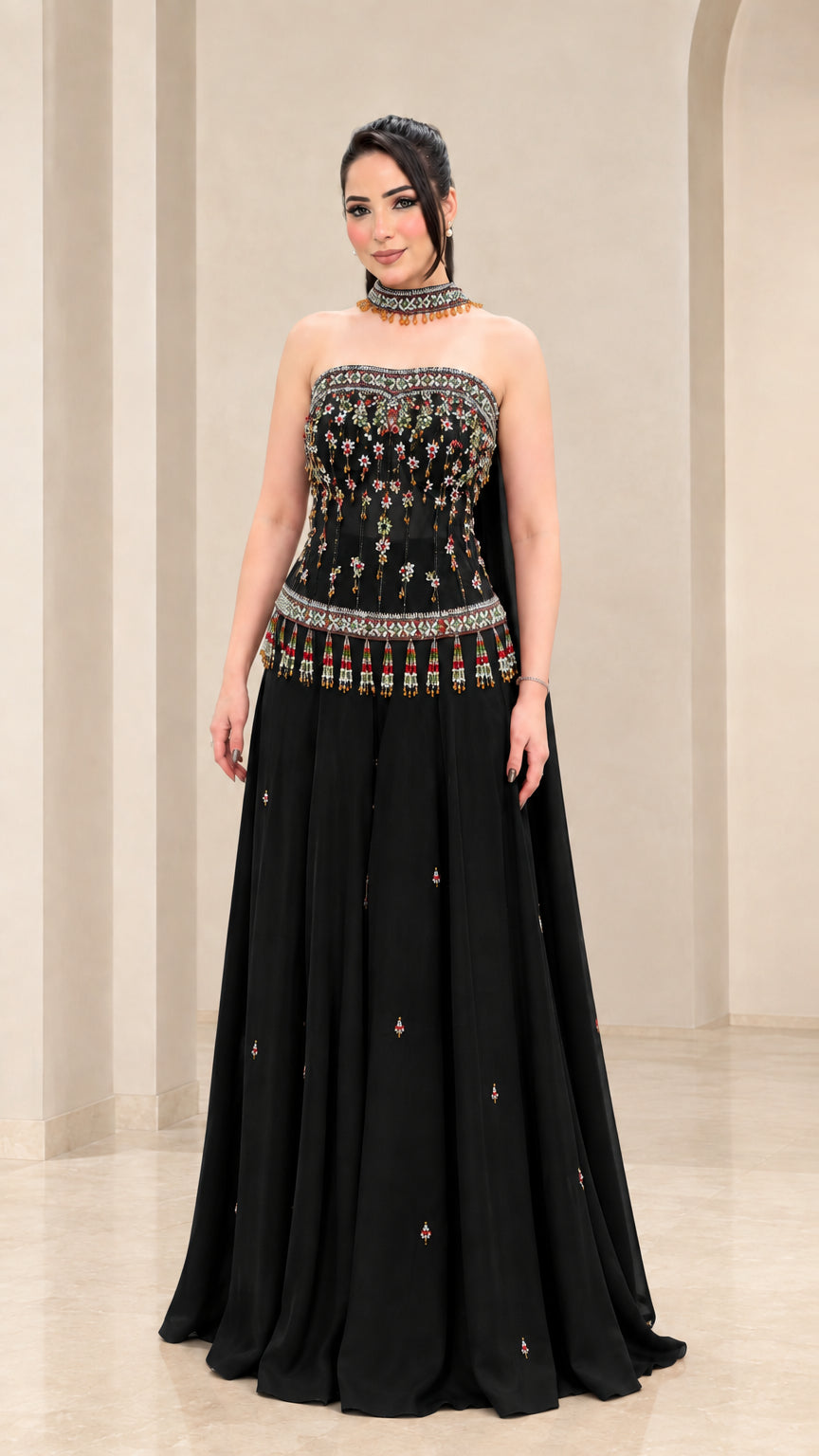 Black strapless beaded corset evening gown with matching neckband