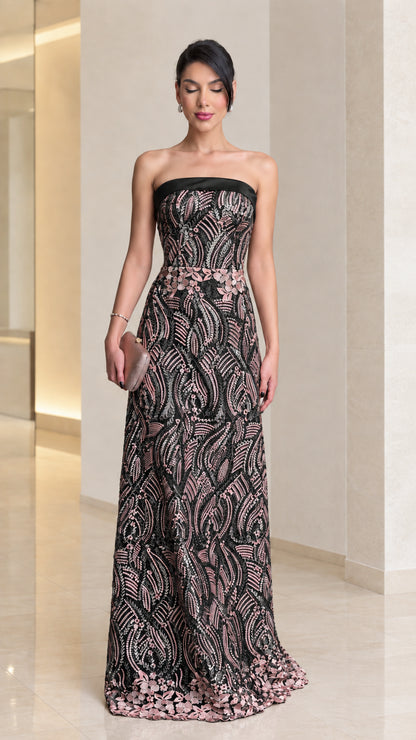 Black embroidered strapless column maxi evening gown
