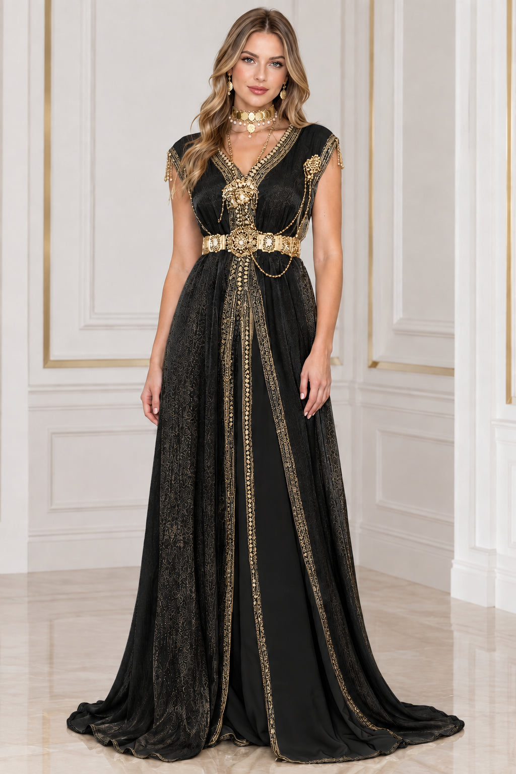 Black Metallic Pleated Kaftan Maxi Dress with gold beaded embroidery