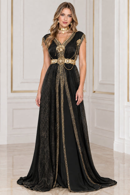 Black Metallic Pleated Kaftan Maxi Dress with gold beaded embroidery