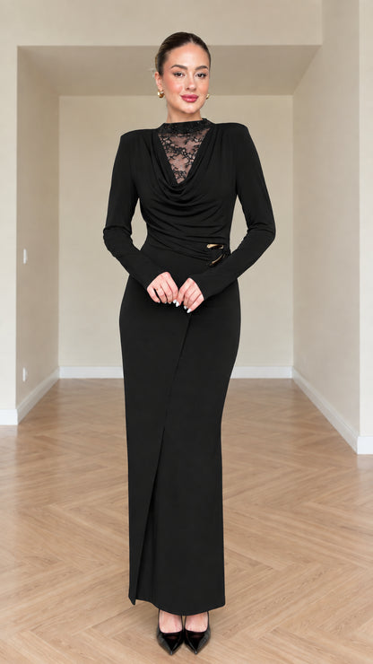 Classic black long sleeve draped cowl neck maxi dress with lace panel