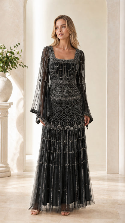 Front view of black beaded formal gown with long bell sleeves