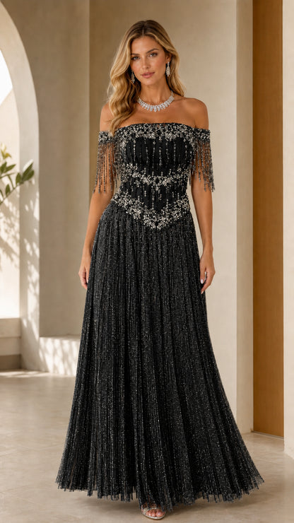 Black off-the-shoulder beaded corset evening gown with pleated skirt