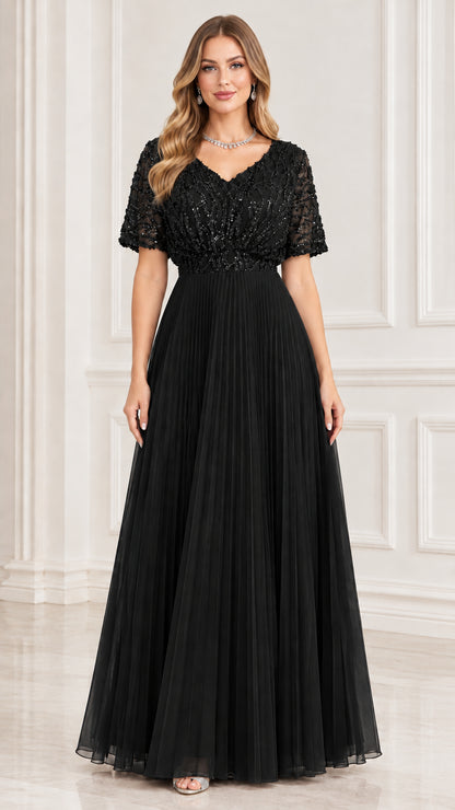 Full length black sequin beaded V-neck pleated formal evening dress
