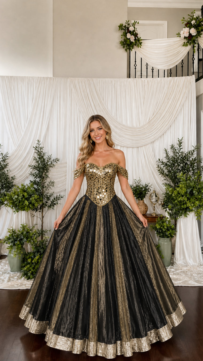 Model wearing black and gold pleated ball gown with mirrored corset bodice